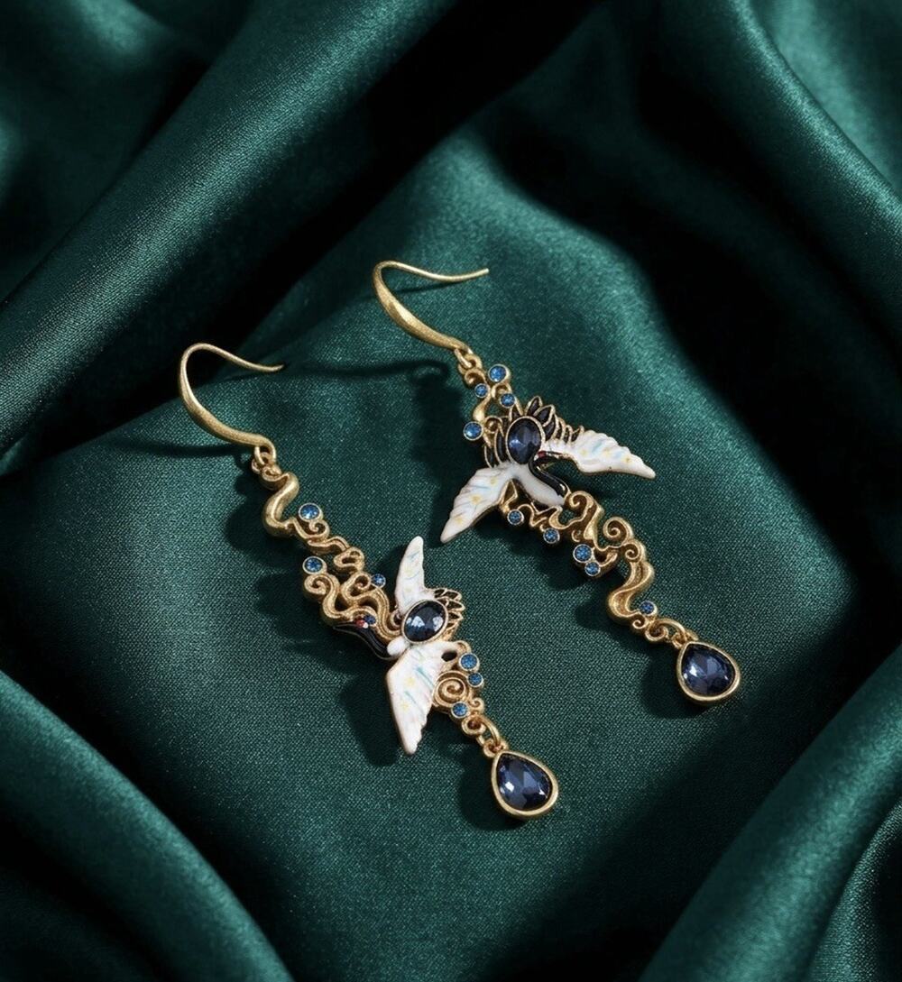 Museum Bird Earrings Swallow Mismatch Chinese Gold VTG Boho CZ Gothic Crane Art